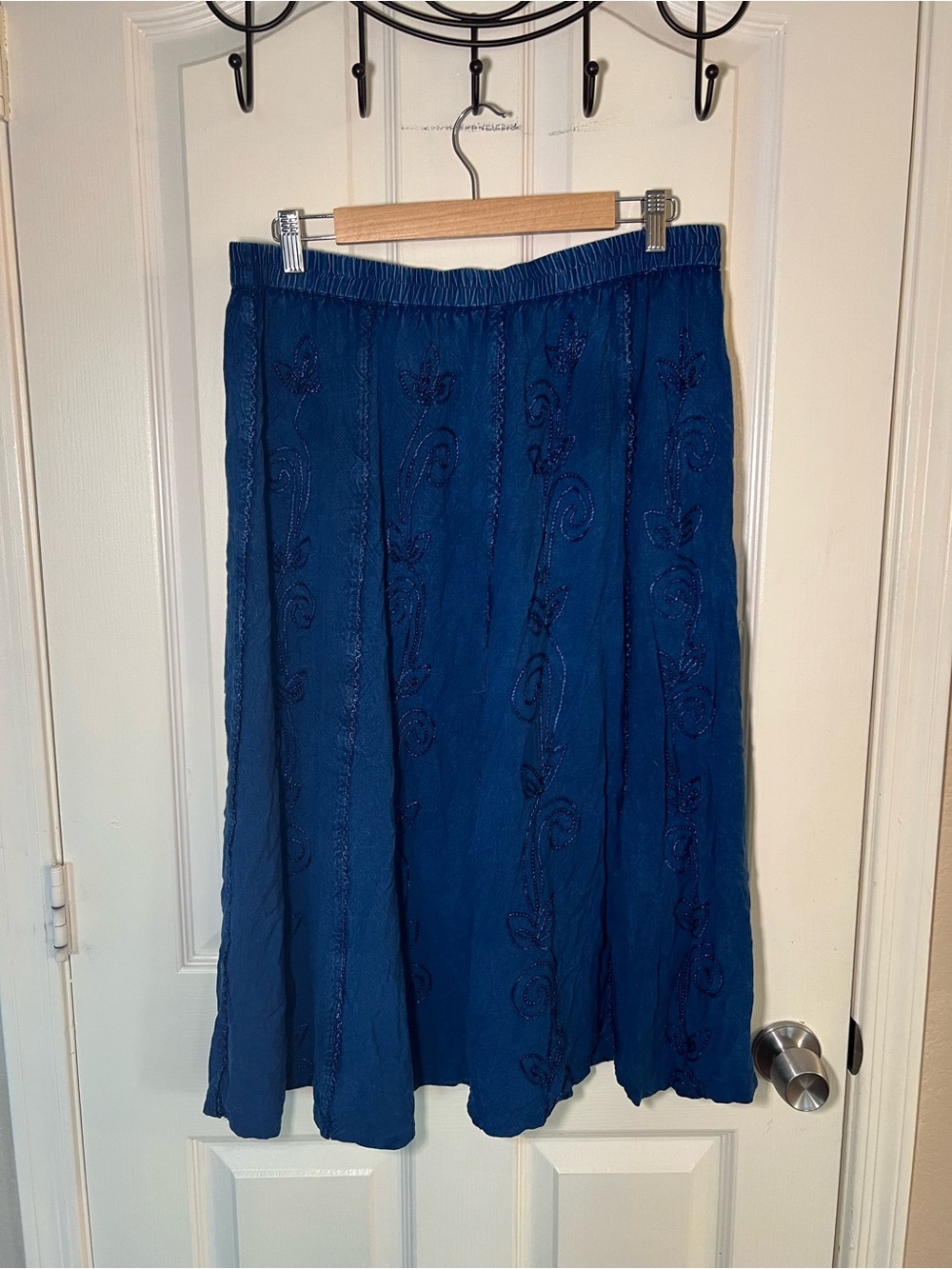 Studio West Indigo Lagenlook Embroidered Boho Midi Skirt L